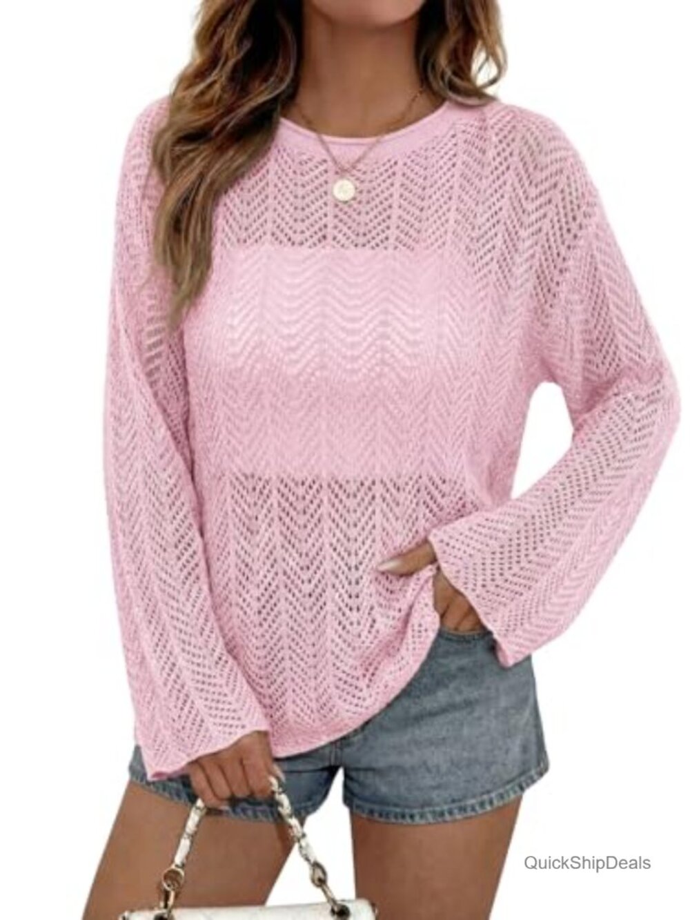 Crochet Hollow Out Mesh Bell Sleeve Sweater Pullover Beach Coverup